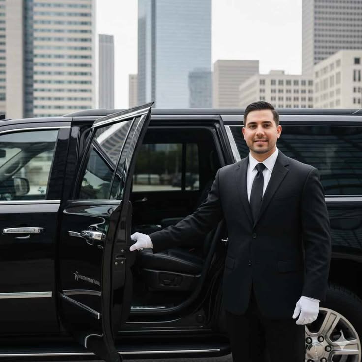 Professional chauffeur opening the door of a private vehicle