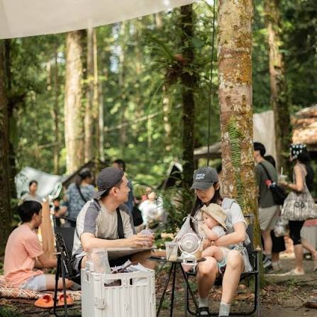 A family relaxing together in a shaded woodland park