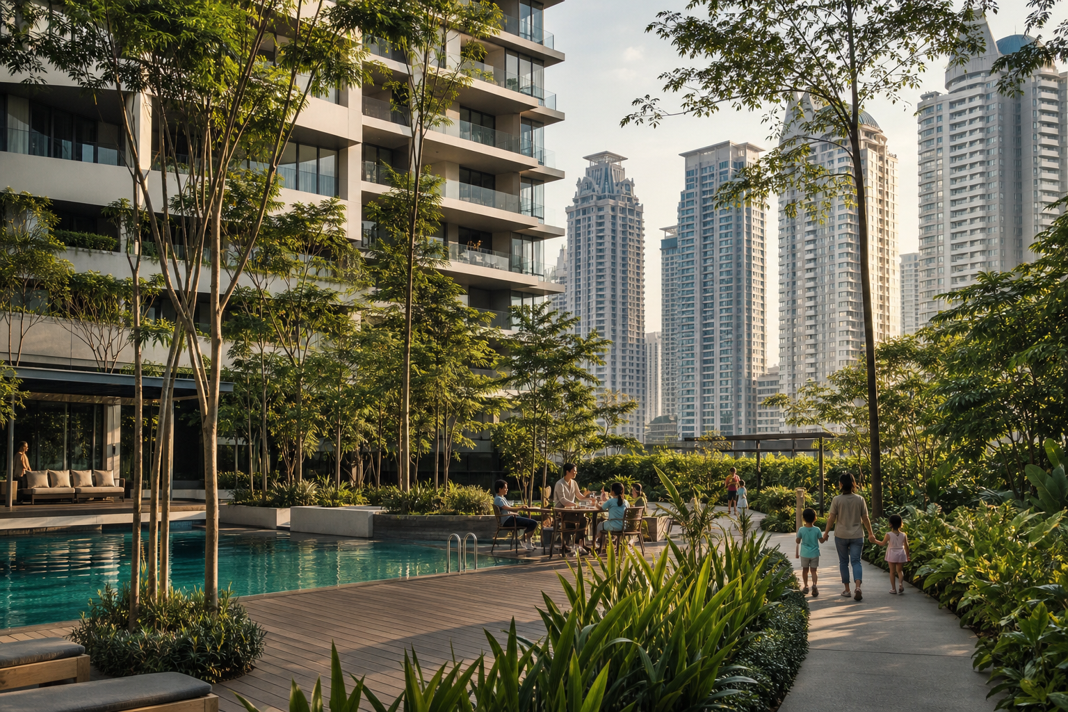 Family exploring a residential neighbourhood in Kuala Lumpur