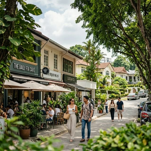 People walking past cafes on a leafy residential street in Bangsar
